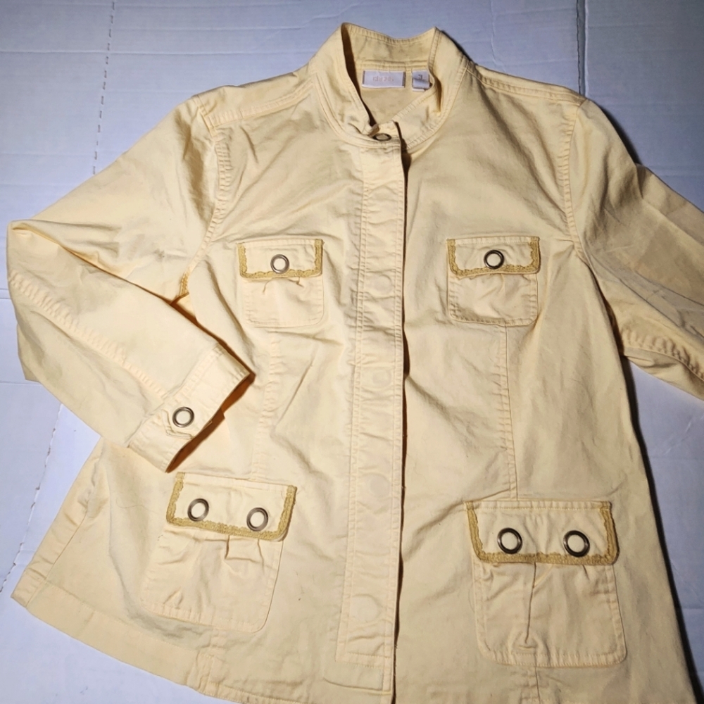 Chicos Denim Snap Button Jacket Womens XL Lace Trim Butter Yellow Stretch
